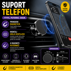 Suport auto magnetic pentru telefon, Reglabil 90°, Prindere aeroterma, Rotire 360 grade, 4.5 x 3.4 x 3.4 cm