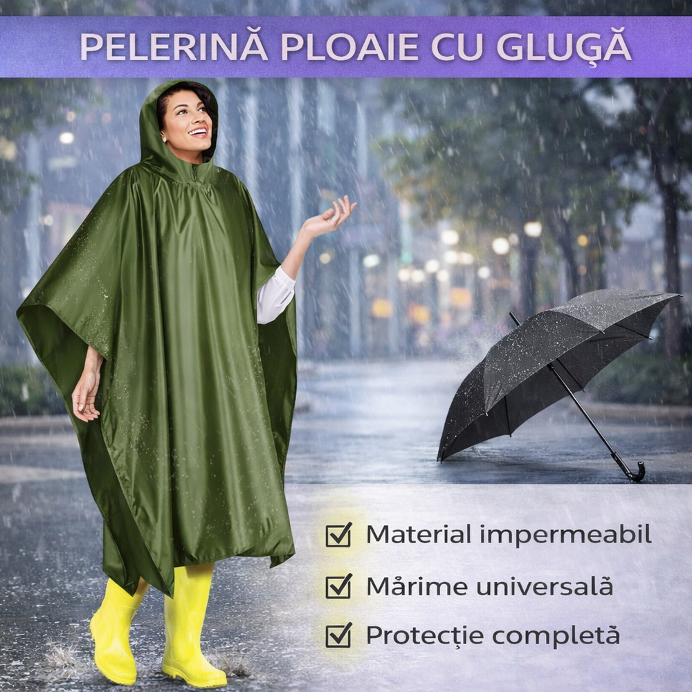 SMARTECH Pelerina de ploaie cu gluga, Impermeabila,  Verde, 127x100 cm, Marime Universala