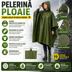 Pelerina de ploaie cu gluga, Impermeabila,  Verde, 127x100 cm, Marime Universala