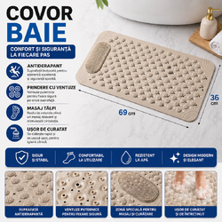 Covor antiderapant baie, pentru cada/dus, perii masaj, ventuze fixare, 36 x 69cm, Bej