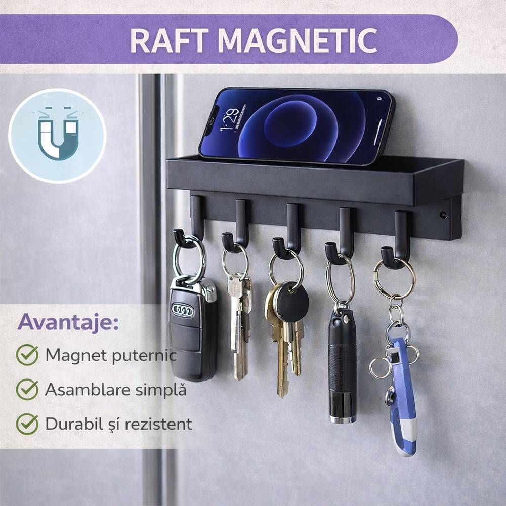 SMARTECH Raft pentru chei cu suport si 6 carlige, Design economisitor de spatiu, Prindere Magnetica sau Instalare Suruburi, Negru