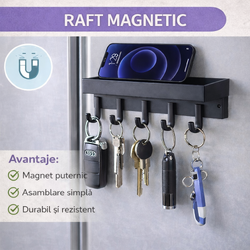 Raft pentru chei cu suport si 6 carlige, Design economisitor de spatiu, Prindere Magnetica sau Instalare Suruburi, Negru