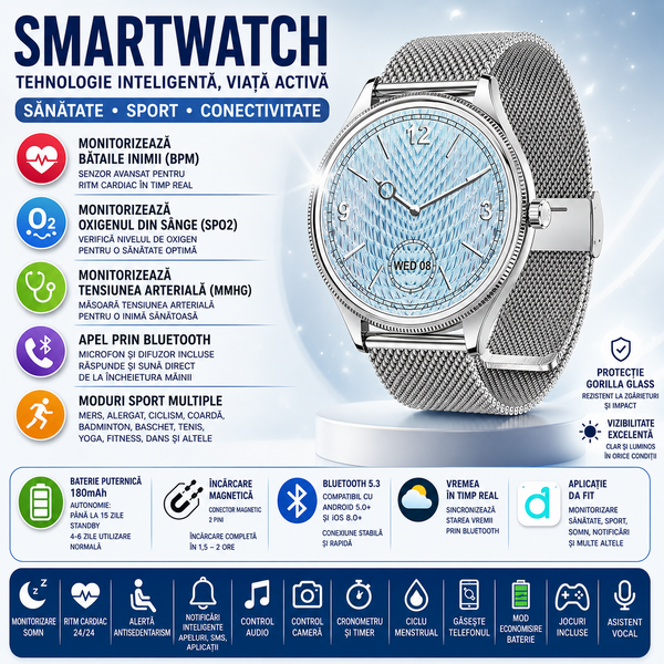 SmartWatch cu Apel Bluetooth, Ritm Cardiac, Tensiune Arteriala, Nivel Oxigen, Calorii, Pasi, Distanta, Vreme, Somn, Calculator S814
