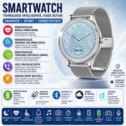 SmartWatch cu Apel Bluetooth, Ritm Cardiac, Tensiune Arteriala, Nivel Oxigen, Calorii, Pasi, Distanta, Vreme, Somn, Calculator S814
