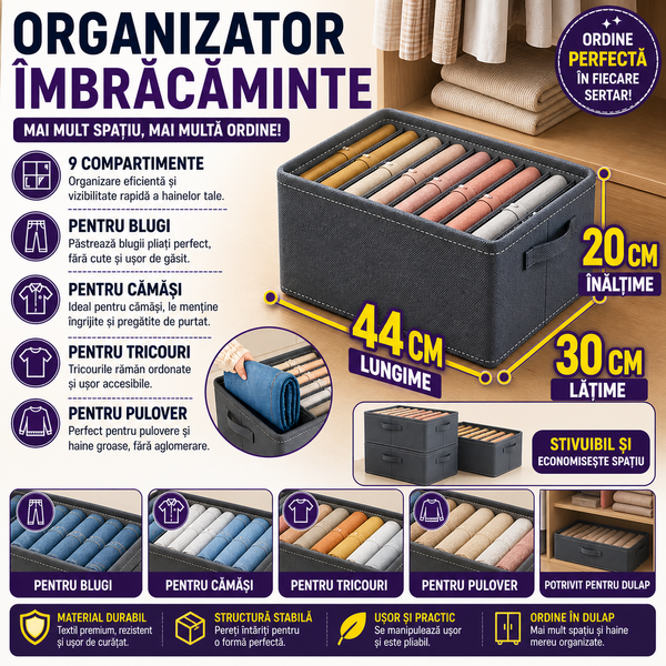 Organizator imbracaminte cu 9 compartimente pentru blugi, pulovere, camasi, 44x30x20 Gri