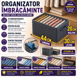 Organizator imbracaminte cu 9 compartimente pentru blugi, pulovere, camasi, 44x30x20 Gri