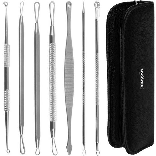 Trusa 7 instrumente din inox, pentru cosmetica, extractia comedoanelor si a punctelor negre, trusa depozitare negra