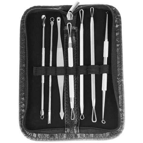 Trusa 7 instrumente din inox, pentru cosmetica, extractia comedoanelor si a punctelor negre, trusa depozitare negra