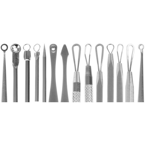 Trusa 7 instrumente din inox, pentru cosmetica, extractia comedoanelor si a punctelor negre, trusa depozitare negra