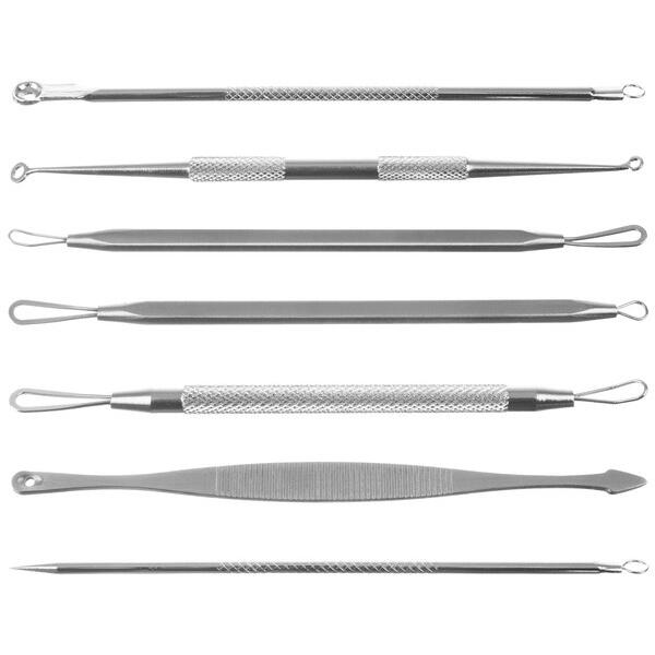 Trusa 7 instrumente din inox, pentru cosmetica, extractia comedoanelor si a punctelor negre, trusa depozitare negra