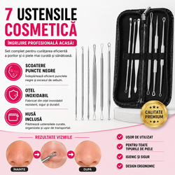 Trusa 7 instrumente din inox, pentru cosmetica, extractia comedoanelor si a punctelor negre, trusa depozitare negra