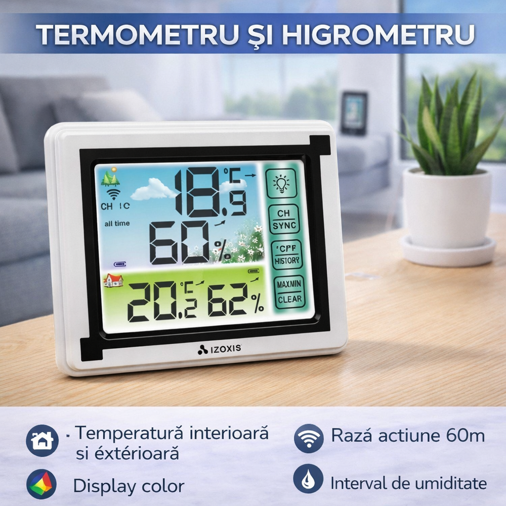 SMARTECH Termometru si Higrometru Profesional de Camera si Exterior cu Transmitatoare Wireless, 60 m Raza Actiune, Ecran LCD, Iluminare de Fundal, Touch, Alb