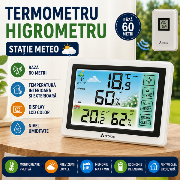 Termometru si Higrometru Profesional de Camera si Exterior cu Transmitatoare Wireless, 60 m Raza Actiune, Ecran LCD, Iluminare de Fundal, Touch, Alb