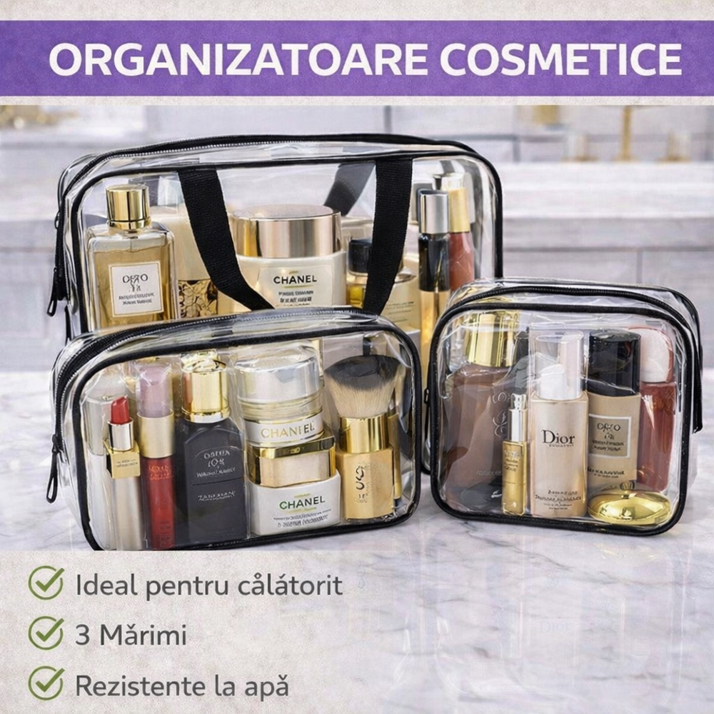 SMARTECH Set 3 organizatoare cosmetice pentru calatorii, multifunctionale, rezistente la apa, Transparent