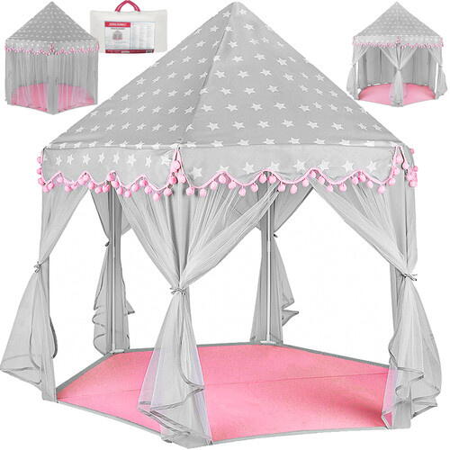 Cort de joaca pentru copii, Varf Conic, Perdele Transparente, Dimensiuni Generoase, Instalare Usoara, pentru Interior/Exterior, 123 x 123 x 140cm, Roz/Gri