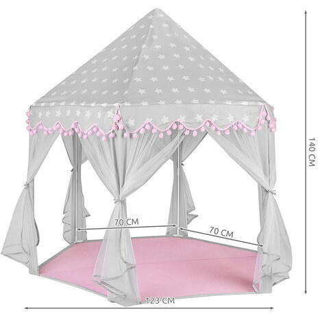 Cort de joaca pentru copii, Varf Conic, Perdele Transparente, Dimensiuni Generoase, Instalare Usoara, pentru Interior/Exterior, 123 x 123 x 140cm, Roz/Gri