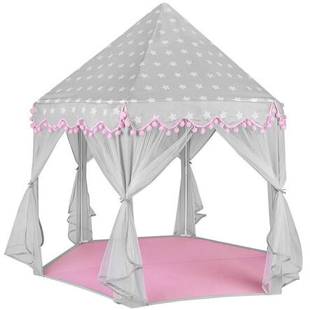 Cort de joaca pentru copii, Varf Conic, Perdele Transparente, Dimensiuni Generoase, Instalare Usoara, pentru Interior/Exterior, 123 x 123 x 140cm, Roz/Gri