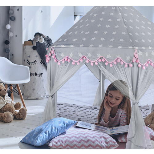 Cort de joaca pentru copii, Varf Conic, Perdele Transparente, Dimensiuni Generoase, Instalare Usoara, pentru Interior/Exterior, 123 x 123 x 140cm, Roz/Gri