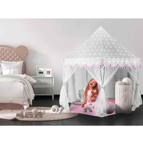 Cort de joaca pentru copii, Varf Conic, Perdele Transparente, Dimensiuni Generoase, Instalare Usoara, pentru Interior/Exterior, 123 x 123 x 140cm, Roz/Gri