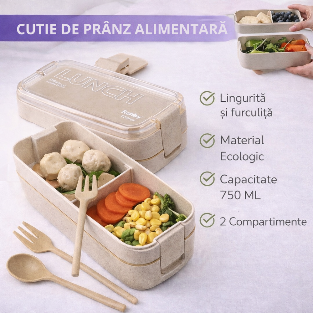 SMARTECH Cutie de pranz alimentara, Lingura si Furculita Incluse, 750 ml, Bej, Din Material Ecologic