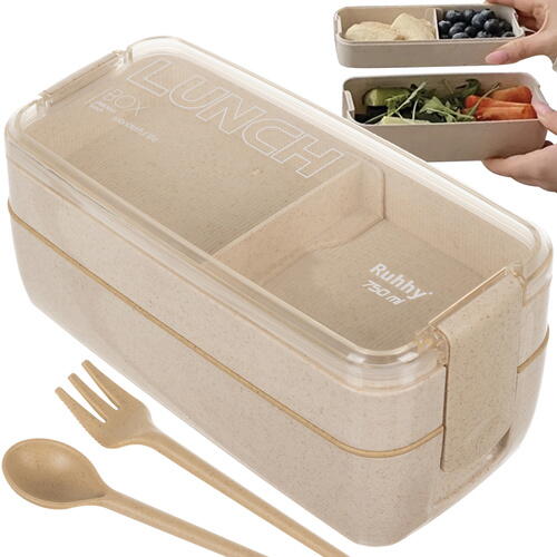 Cutie de pranz alimentara, Lingura si Furculita Incluse, 750 ml, Bej, Din Material Ecologic