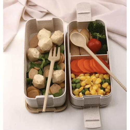 Cutie de pranz alimentara, Lingura si Furculita Incluse, 750 ml, Bej, Din Material Ecologic