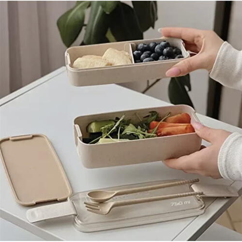 Cutie de pranz alimentara, Lingura si Furculita Incluse, 750 ml, Bej, Din Material Ecologic