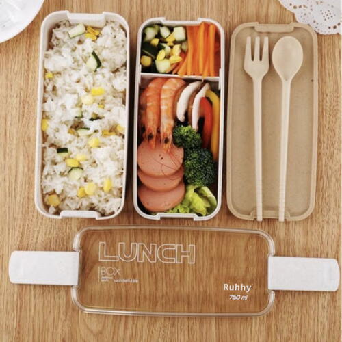 Cutie de pranz alimentara, Lingura si Furculita Incluse, 750 ml, Bej, Din Material Ecologic