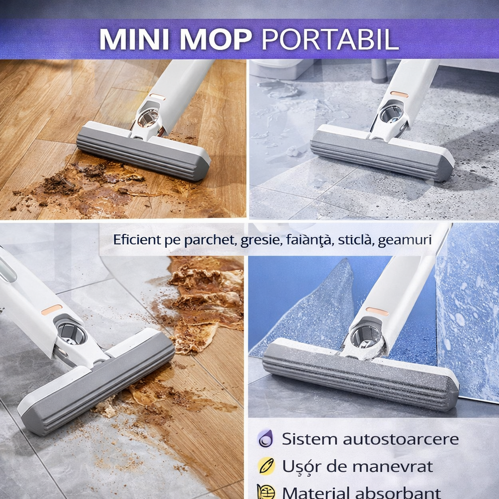SMARTECH Mini Mop Portabil Pentru Diferite Suprafete Si Geamuri, Sistem Autostoarcere, Alb