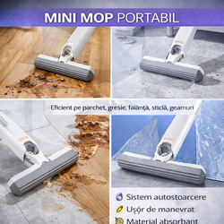 Mini Mop Portabil Pentru Diferite Suprafete Si Geamuri, Sistem Autostoarcere, Alb