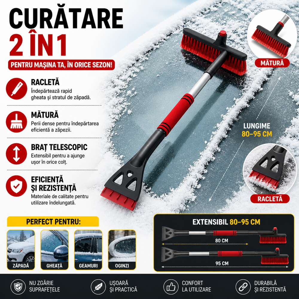 SMARTECH Racleta Auto Telescopica ,Lungime Reglabila de la 80 la 95 cm, Eficineta si Rezistenta, Razuitoare Detasabila, Prietenos cu Vopseaua Masinii, Negru/Rosu