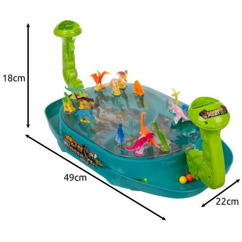Joc de masa catapulta cu bile, batalia dinozaurilor, 16 dinozauri, 24 de bile, butoane tragere, sunete, pentru 2 jucatori