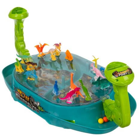 Joc de masa catapulta cu bile, batalia dinozaurilor, 16 dinozauri, 24 de bile, butoane tragere, sunete, pentru 2 jucatori