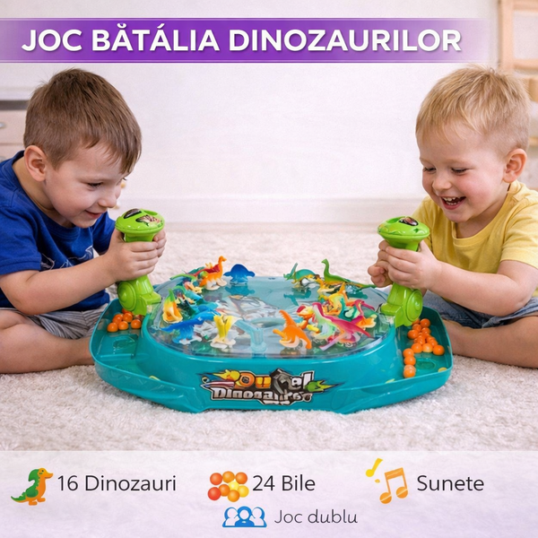 Joc de masa catapulta cu bile, batalia dinozaurilor, 16 dinozauri, 24 de bile, butoane tragere, sunete, pentru 2 jucatori