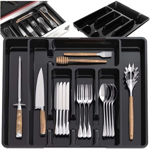 Organizator pentru tacamuri si ustensile de bucatarie, sertar extensibil, suport ajustabil pentru cutite, negru