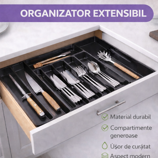 Organizator pentru tacamuri si ustensile de bucatarie, sertar extensibil, suport ajustabil pentru cutite, negru