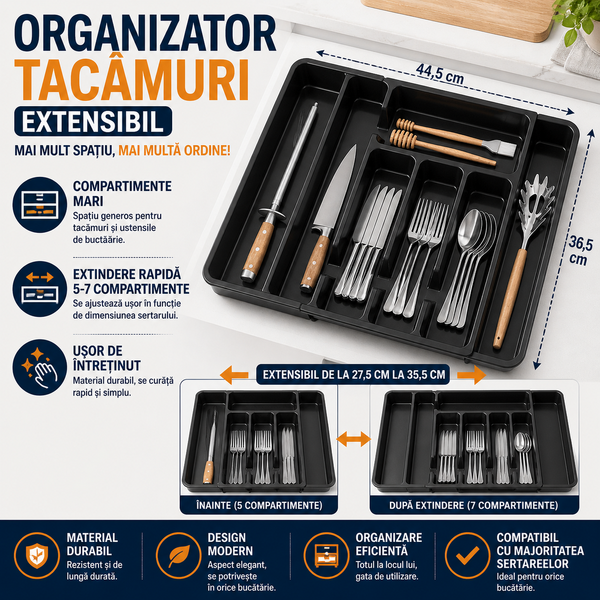 Organizator pentru tacamuri si ustensile de bucatarie, sertar extensibil, suport ajustabil pentru cutite, negru