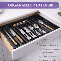 Organizator pentru tacamuri si ustensile de bucatarie, sertar extensibil, suport ajustabil pentru cutite, negru