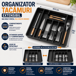 Organizator pentru tacamuri si ustensile de bucatarie, sertar extensibil, suport ajustabil pentru cutite, negru