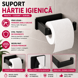 Suport autoadeziv pentru hartie igienica, Inox, 13.9 x 7.8 x 4.8 cm, Negru mat