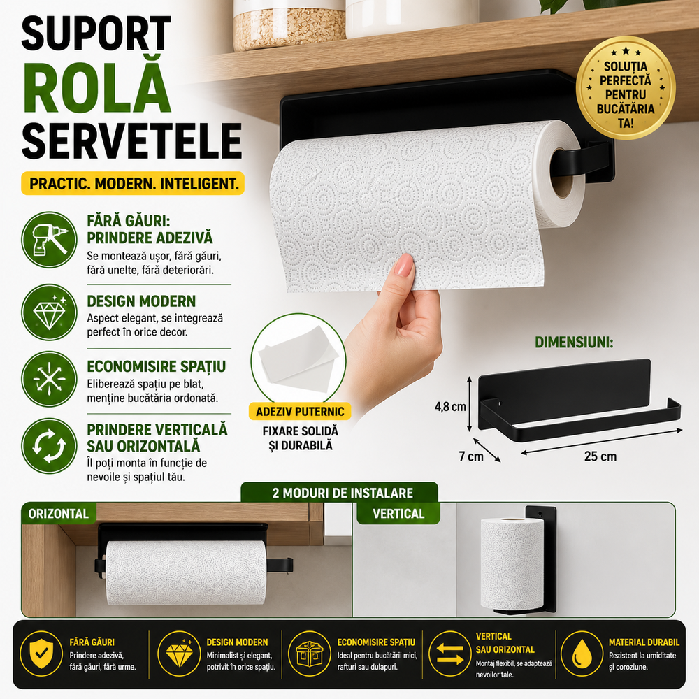 SMARTECH Suport rola prosoape de hartie bucatarie montat pe perete, Din otel inoxidabil, Suport pentru folie de plastic, Suport pentru agatat prosoape, 26 cm, Negru