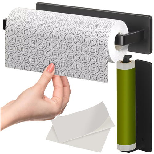 Suport rola prosoape de hartie bucatarie montat pe perete, Din otel inoxidabil, Suport pentru folie de plastic, Suport pentru agatat prosoape, 26 cm, Negru