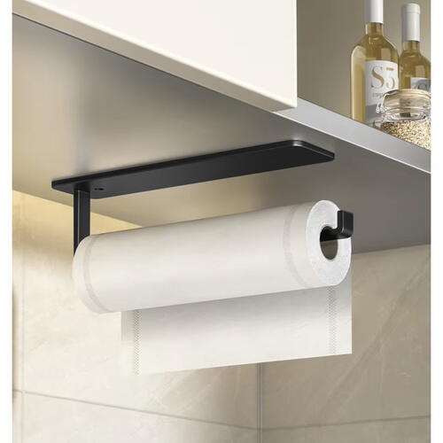 Suport rola prosoape de hartie bucatarie montat pe perete, Din otel inoxidabil, Suport pentru folie de plastic, Suport pentru agatat prosoape, 26 cm, Negru