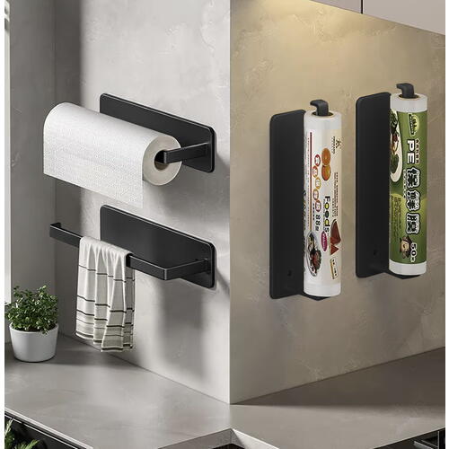 Suport rola prosoape de hartie bucatarie montat pe perete, Din otel inoxidabil, Suport pentru folie de plastic, Suport pentru agatat prosoape, 26 cm, Negru