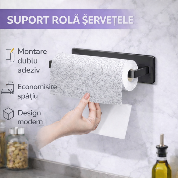 Suport rola prosoape de hartie bucatarie montat pe perete, Din otel inoxidabil, Suport pentru folie de plastic, Suport pentru agatat prosoape, 26 cm, Negru