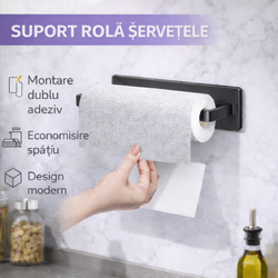 Suport rola prosoape de hartie bucatarie montat pe perete, Din otel inoxidabil, Suport pentru folie de plastic, Suport pentru agatat prosoape, 26 cm, Negru