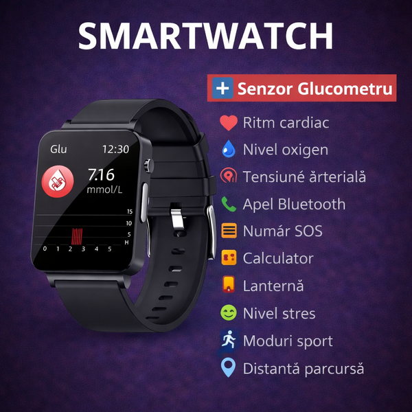 SmartWatch Cu Senzor Glucometru, Acid Uric, EKG, Grasimea din Corp, Temperatura Corporala, Ritm Cardiac, Tensiune Arteriala, Nivel Oxigen, Apel Bluetooth, Calculator, Calendar, Vreme S841