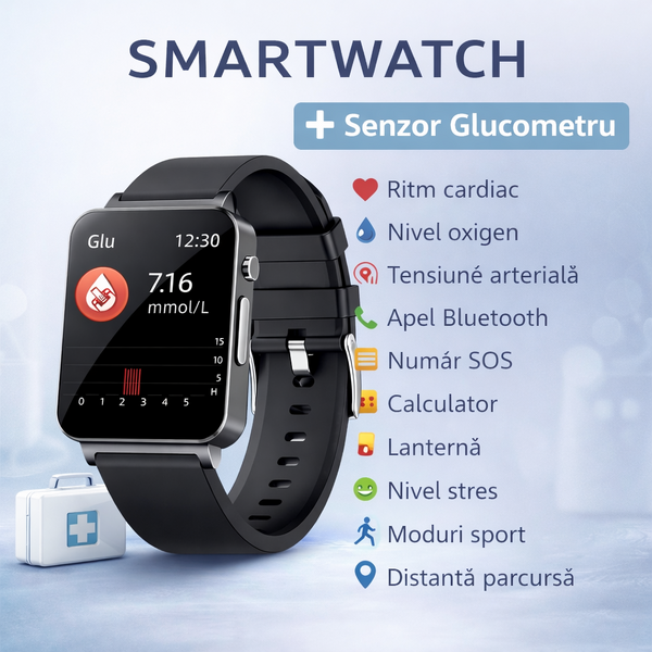 SmartWatch Cu Senzor Glucometru, Acid Uric, EKG, Grasimea din Corp, Temperatura Corporala, Ritm Cardiac, Tensiune Arteriala, Nivel Oxigen, Apel Bluetooth, Calculator, Calendar, Vreme S841