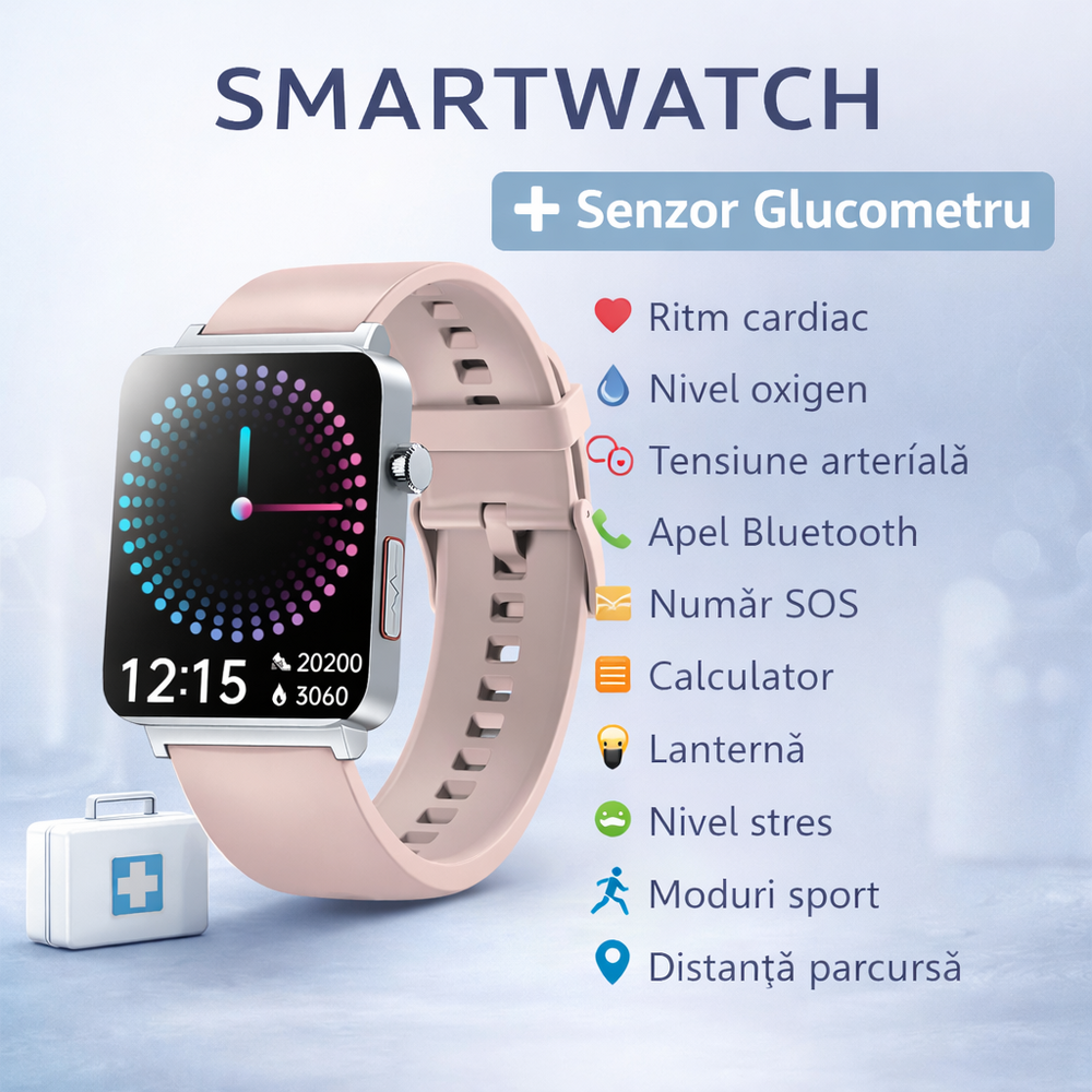 SMARTECH SmartWatch Cu Senzor Glucometru, Acid Uric, EKG, Grasimea din Corp, Temperatura Corporala, Ritm Cardiac, Tensiune Arteriala, Nivel Oxigen, Apel Bluetooth, Calculator, Calendar, Vreme S842