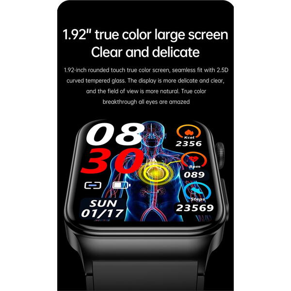 SmartWatch cu Senzor Glucometru, EKG, Nivel Oxigen, Ritm Cardiac, Tensiune Arteriala, Moduri Sport, Calorii, Vreme, Calculator S850
